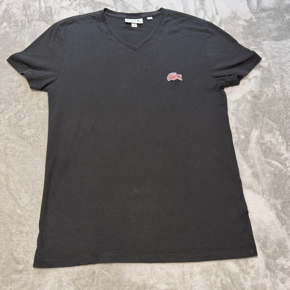 Lacoste Black V Neck T Shirt Mens Small Pink Croc Regular Fit Tee